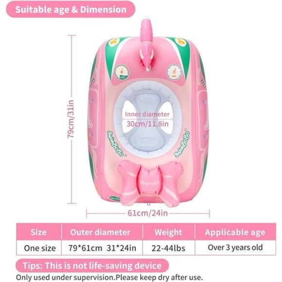 Kids Pink Toddler Pool Float Inflatable Car Baby Swim Float for Baby Girls - Picture 3 of 6